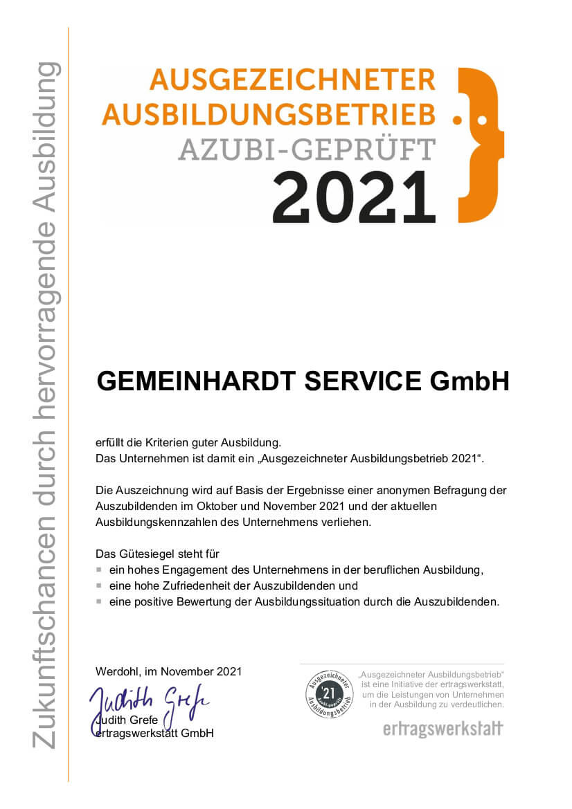 Urkunde Gemeinhardt 2021 Ausgezeichneter Ausbildungsbetrieb